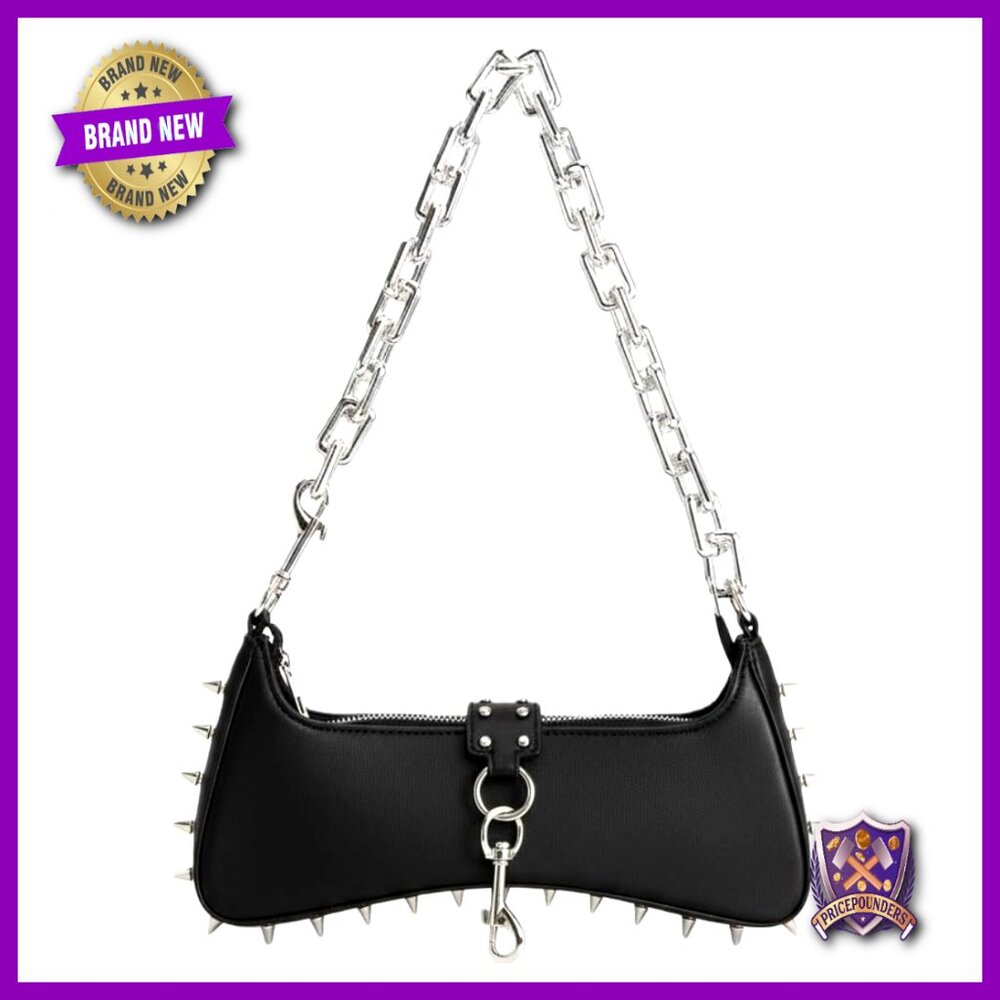 Gothic Punk Handbag Leather Spiked Studs Silver Chain Strap Shoulder Bag Edgy